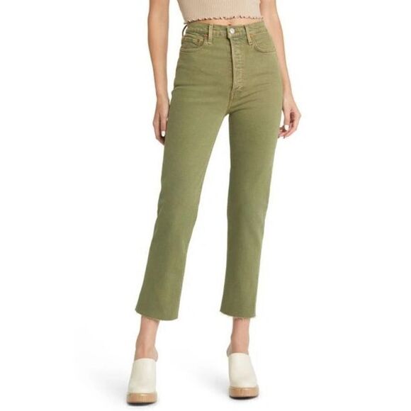 Re/Done 70s High Rise Stove Pipe frayed cropped straight-leg Jeans Button Fly 24 - Picture 1 of 8